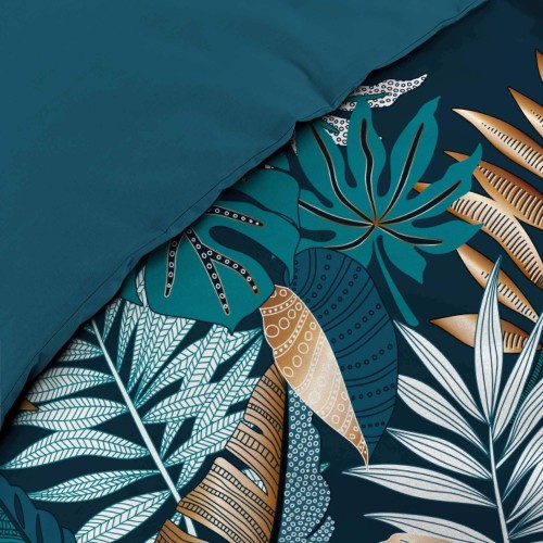 Housse de couette - 240x260 cm + taies - Feuillage bleu et cuivre