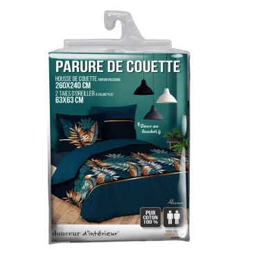 Housse de couette - 240x260 cm + taies - Feuillage bleu et cuivre