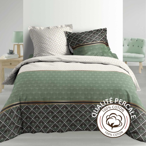 Housse de couette - 260 X 240 cm + taies - Percale 78 fils - Motifs graphiques blanc, vert et noir