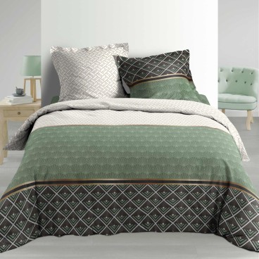 Housse de couette - 260 X 240 cm + taies - Percale 78 fils - Motifs graphiques blanc, vert et noir