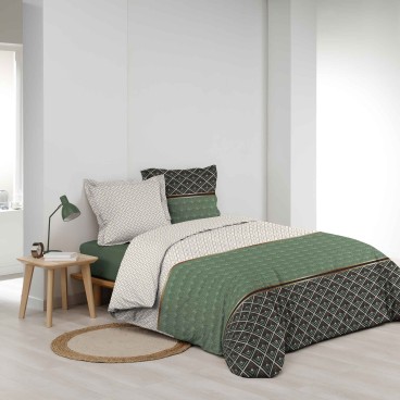 Housse de couette - 260 X 240 cm + taies - Percale 78 fils - Motifs graphiques blanc, vert et noir