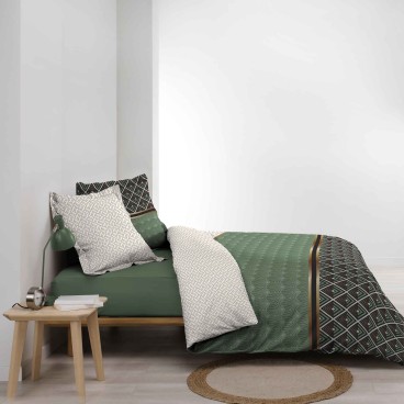Housse de couette - 260 X 240 cm + taies - Percale 78 fils - Motifs graphiques blanc, vert et noir