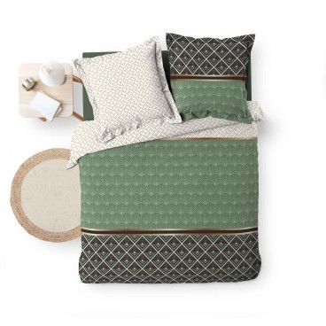 Housse de couette - 260 X 240 cm + taies - Percale 78 fils - Motifs graphiques blanc, vert et noir