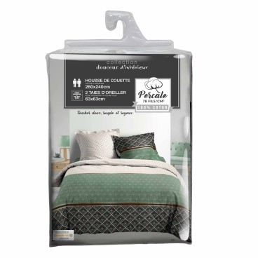 Housse de couette - 260 X 240 cm + taies - Percale 78 fils - Motifs graphiques blanc, vert et noir