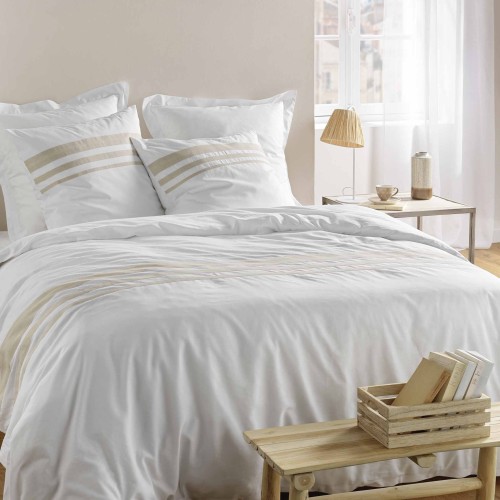 Housse de couette 220x240 cm + taies - blanche et naturel