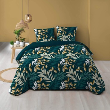 Housse de couette 220x240 cm + taies - Feuillage bleu et beige