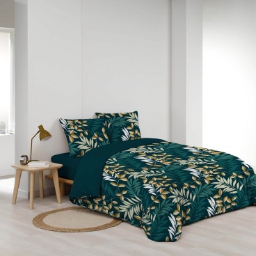 Housse de couette 220x240 cm + taies - Feuillage bleu et beige