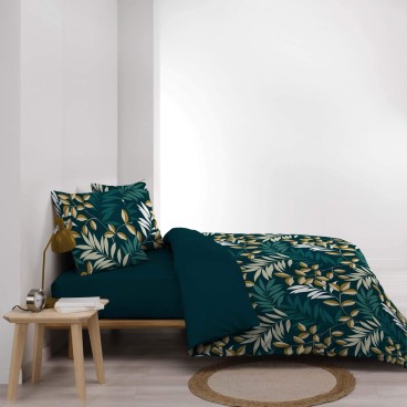 Housse de couette 220x240 cm + taies - Feuillage bleu et beige