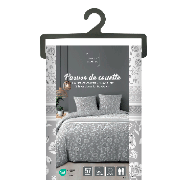 Housse de couette 220x240 cm + taies - Imprimé floral gris et blanc