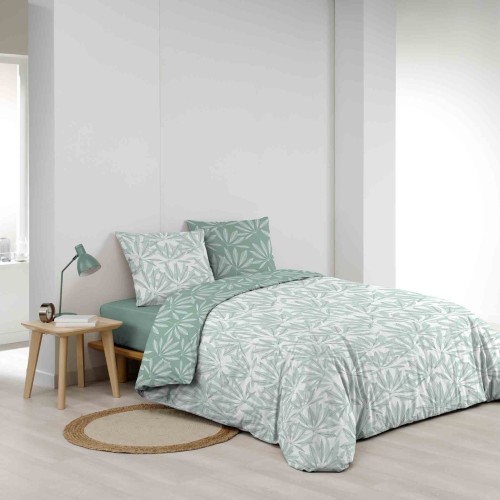Housse de couette 220x240 cm + taies - Réversible - Feuilles blanche et sauge