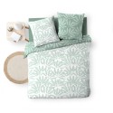 Housse de couette 220x240 cm + taies - Réversible - Feuilles blanche et sauge