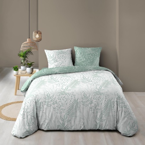 Housse de couette 240x260 cm + taies - Réversible - Feuillage blanc et sauge