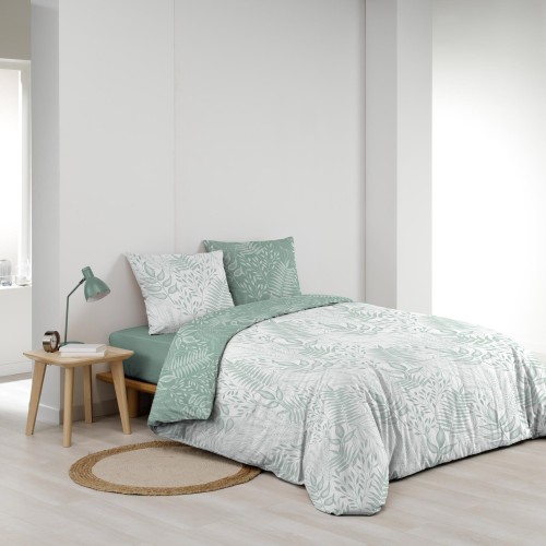 Housse de couette 240x260 cm + taies - Réversible - Feuillage blanc et sauge