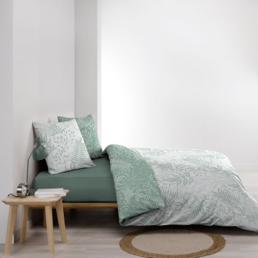 Housse de couette 240x260 cm + taies - Réversible - Feuillage blanc et sauge