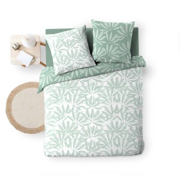 Housse de couette 240x260 cm + taies - Réversible - Feuilles blanche et sauge