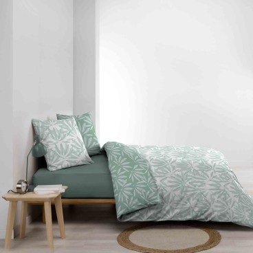 Housse de couette 240x260 cm + taies - Réversible - Feuilles blanche et sauge