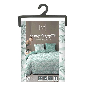 Housse de couette 240x260 cm + taies - Réversible - Feuilles blanche et sauge