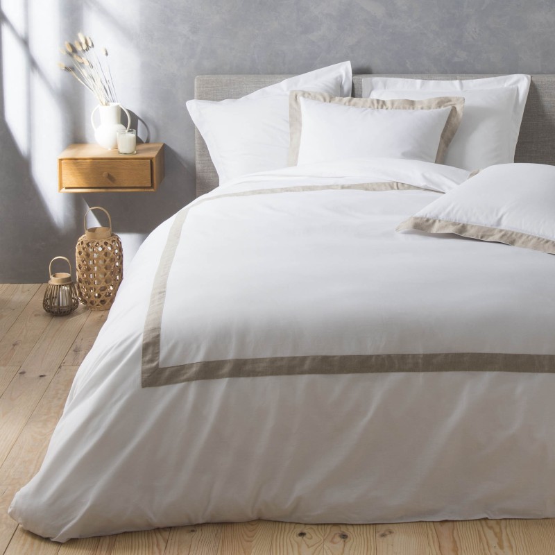 Housse de couette 240x260cm + taies - 57 fils - Uni Blanc, cadre Lin Housse de couette 240x260cm + taies - 57 fils - Uni Blanc, cadre Lin