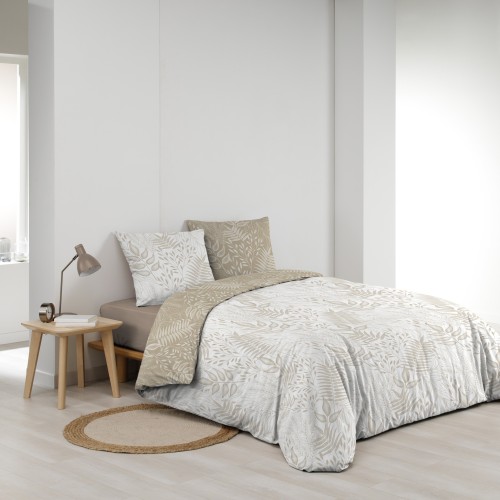 Housse de couette 260x240 cm + taies - Réversible - Feuilles blanche et naturel