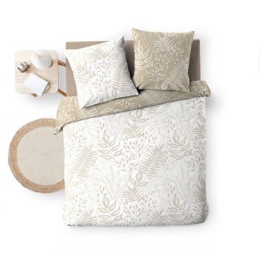 Housse de couette 260x240 cm + taies - Réversible - Feuilles blanche et naturel