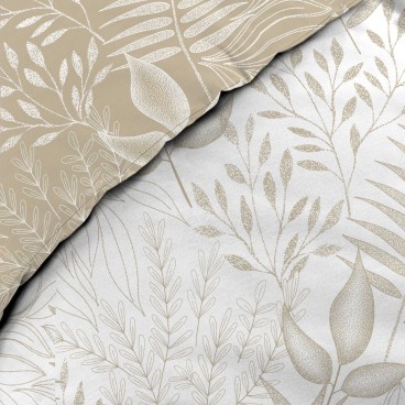 Housse de couette 260x240 cm + taies - Réversible - Feuilles blanche et naturel