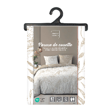 Housse de couette 260x240 cm + taies - Réversible - Feuilles blanche et naturel