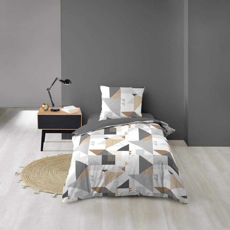 Housse de couette microfibre 140x200 cm + taies - Forme graphique Blanc gris naturel