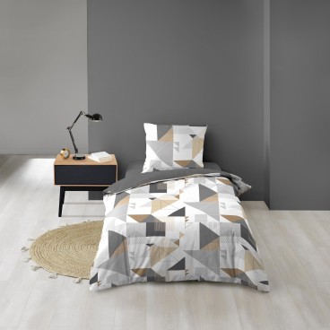 Housse de couette microfibre 140x200 cm + taies - Forme graphique Blanc gris naturel