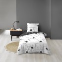 Housse de couette microfibre 140x200 cm + taies - Réversible - Ronds et traits Noir et Blanc
