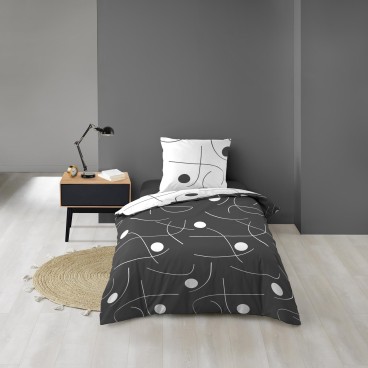 Housse de couette microfibre 140x200 cm + taies - Réversible - Ronds et traits Noir et Blanc