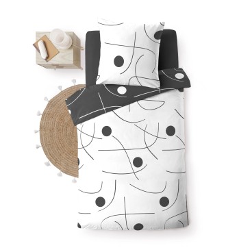 Housse de couette microfibre 140x200 cm + taies - Réversible - Ronds et traits Noir et Blanc