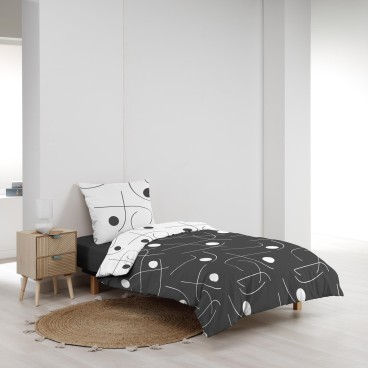 Housse de couette microfibre 140x200 cm + taies - Réversible - Ronds et traits Noir et Blanc