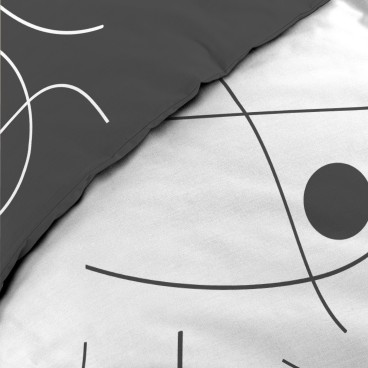 Housse de couette microfibre 140x200 cm + taies - Réversible - Ronds et traits Noir et Blanc